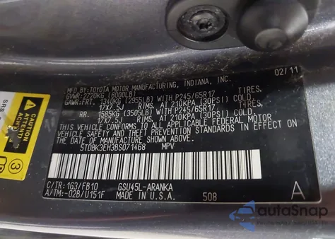 2011 Toyota Highlander Base V6 из США, поврежденный, VIN 5TDBK3EH3BS071468